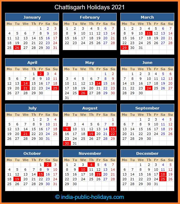 Chattisgarh Holiday Calendar 2021